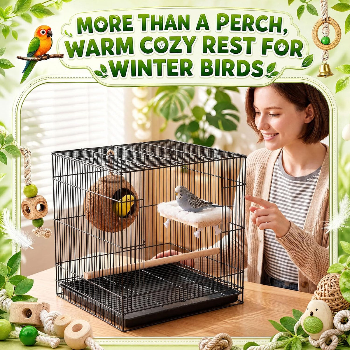 Vinsot Bird Perch for Cage, Detachable Plush Parrot Toy Hanging Bird Resting Nest for Conure, Budgie, Cockatiel, Lovebird, Canary, Finch, Hamster, Small Pets