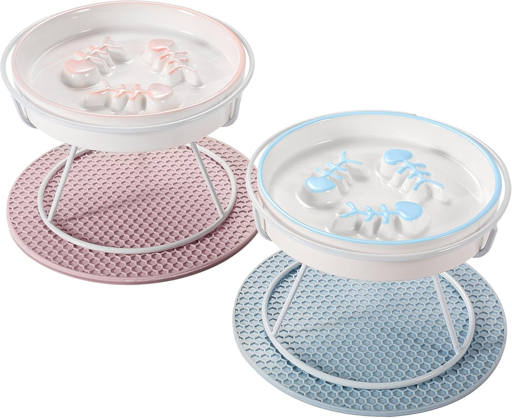 Ceramic Elevated Cat Bowls Set, Anti Vomit, Removable Dishes, Black 2-Pack