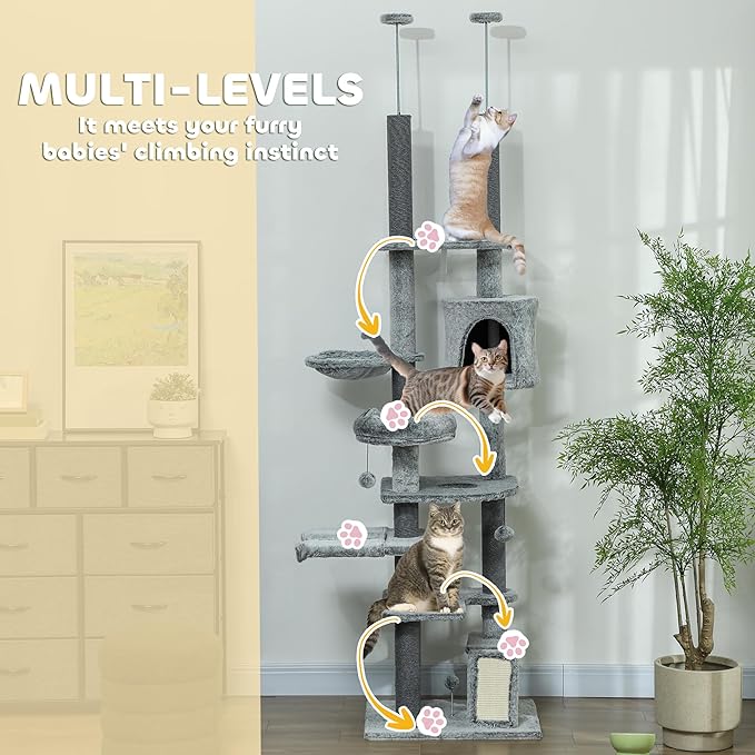 PawHut Floor to Ceiling Cat Tree, Scratching Posts & Ramp - Image 5