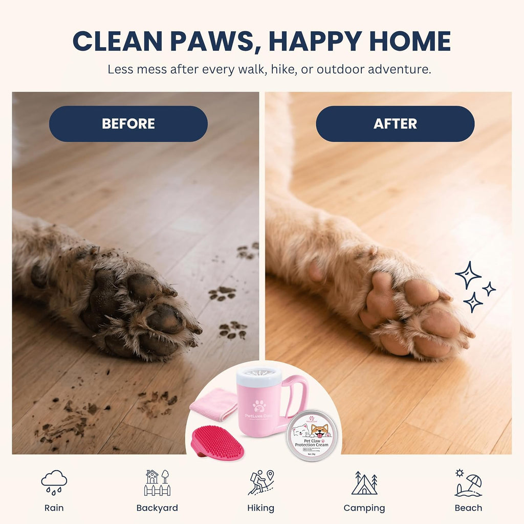 Dog Paw Cleaner, Paw Washer Cup with Soft Silicone Bristles, Portable Dog Foot Washer, 4-in-1 Paw Cleaner Kit with Paw Balm, Microfiber Towel & Grooming Brush (Pink Medium)