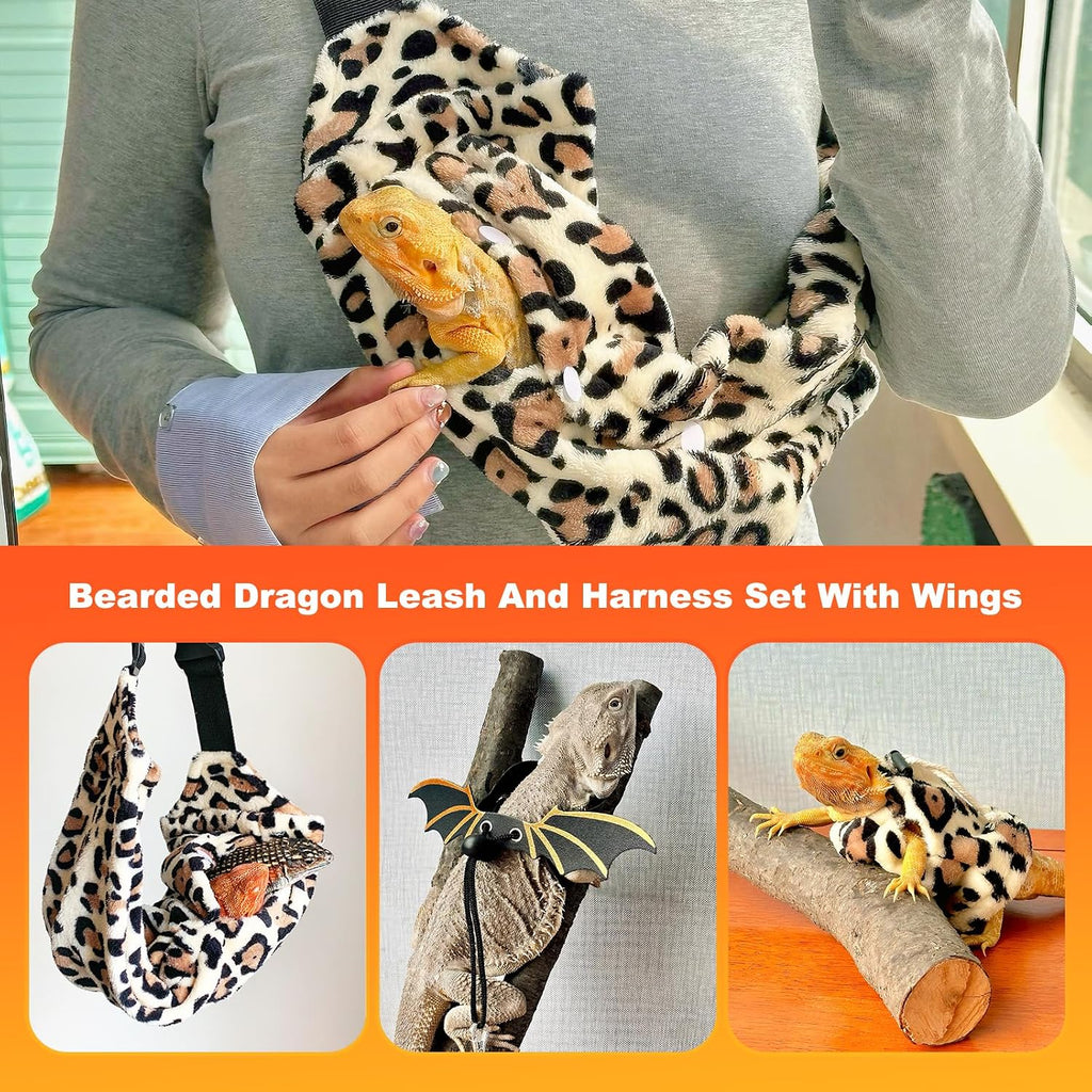 Bearded Dragon Lizard Leash Harness 3-Piece Set,Reptile Small Pet Backpack,3 Size Pack Adjustable Bearded Dragon Harness and Soft Comfortable Lizard Vest -Leopard Pattern
