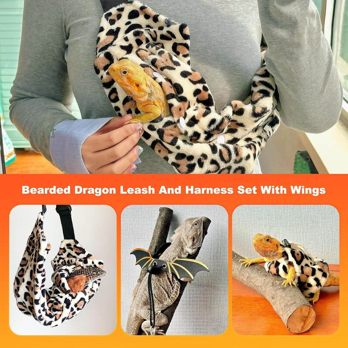 Bearded Dragon Lizard Leash Harness 3-Piece Set,Reptile Small Pet Backpack,3 Size Pack Adjustable Bearded Dragon Harness and Soft Comfortable Lizard Vest -Leopard Pattern