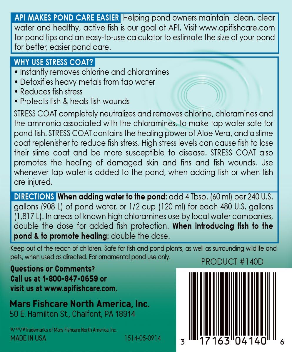 API POND STRESS COAT (64 fl oz) Pond Water Conditioner - Quickly Makes Tap Water Safe for Fish & Plants - Up to 7680 Gallons - Removes Chlorine, Ammonia & More - Natural Aloe Vera