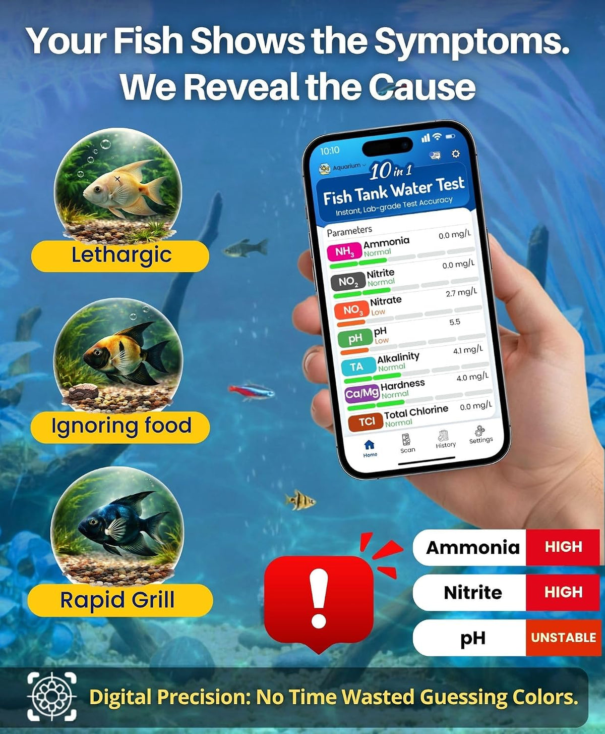 Digital Aquarium Water Test Kit, App-Enabled 10-in-1 Fish Tank Test Kit for Freshwater & Saltwater, Aquarium Test Strips for Fish Tanks, Reef, pH, Ammonia, Nitrate, Nitrite, GH, KH, Chlorine
