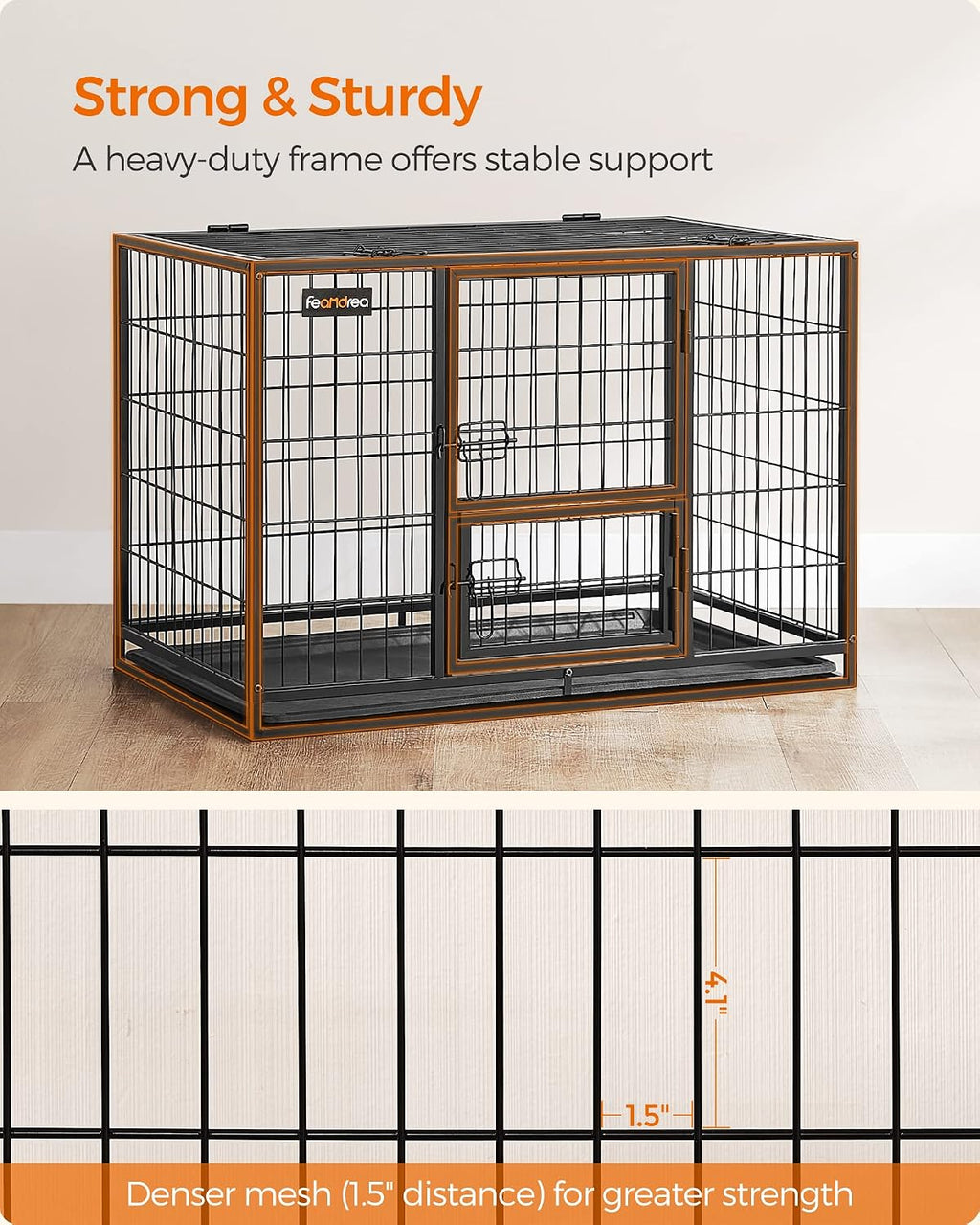 Feandrea 36.4" Heavy-Duty Dog Crate, Convenient Feeding Door, Double Doors