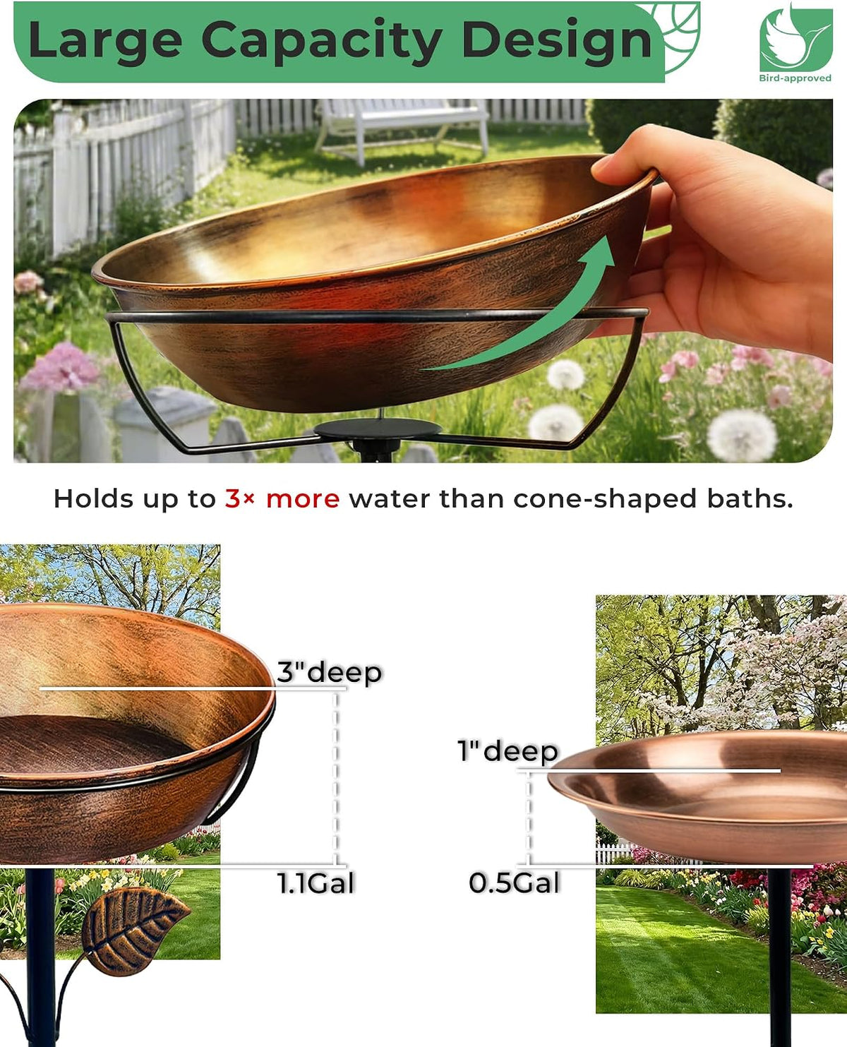 12" Metal Bird Bath for Outside, 3" Deep Bowl with 5-Prong Stake