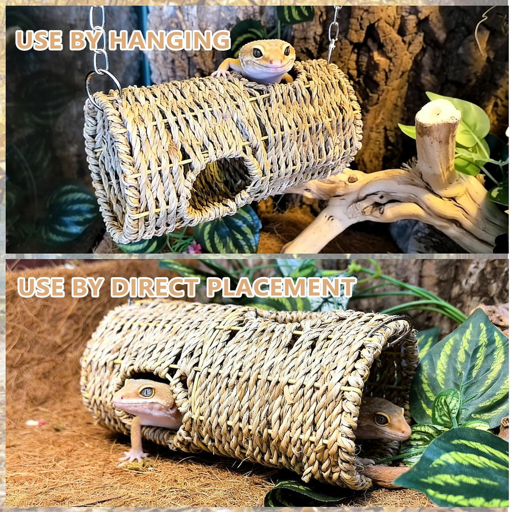 Reptile Hide Cave,Natural Seagrass Bearded Dragon Hammock Hideout,Round