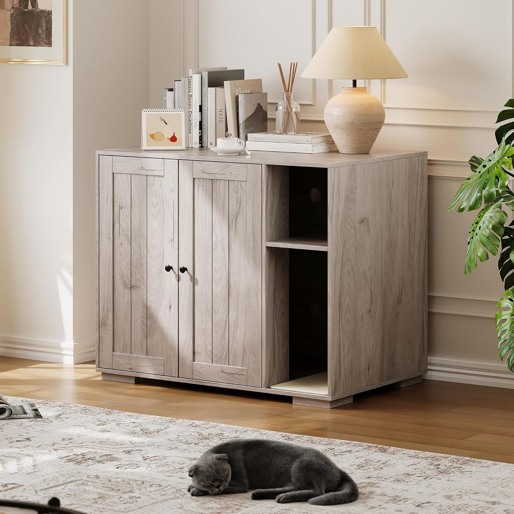 TrailBlaze Dog-Proof Large Cat Litter Box Enclosure with Power Outlet & Mark Pad – Hidden Cabinet for Self-Cleaning or Automatic Litter Boxes – Indoor Cat House Furniture – Gray