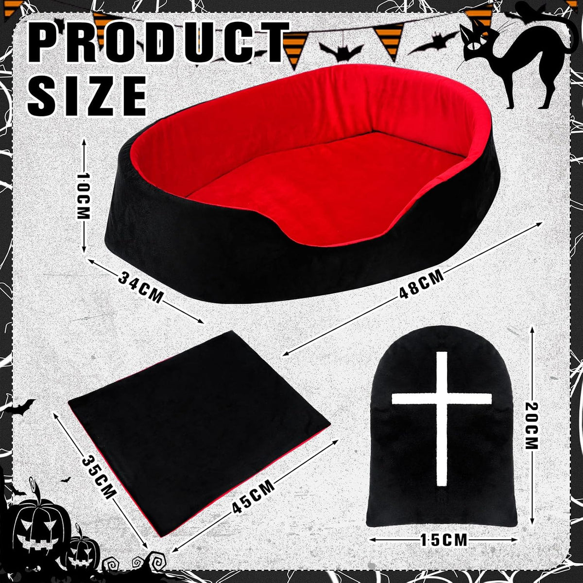 3 Pcs Gothic Coffin Cat Bed Set 19" Red Black Cat Bed Washable