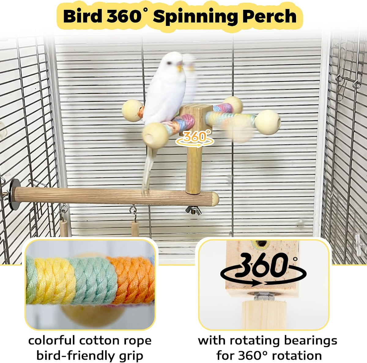 Wooden Bird Perch Swing Toy Combo with Mirror & 360° Spin, Interactive Enrichment Activity Gym Cage Accessories for Parakeet, Cockatiel, Parrot, Budgies, Conure, Lovebird