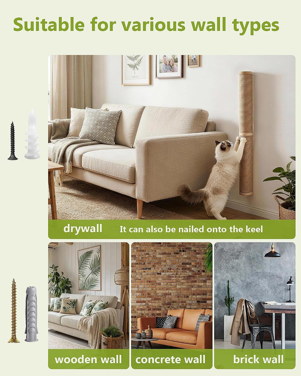 67" Cat Scratching Post Wall-Mounted for Indoor Cats(Wooden-2pc)