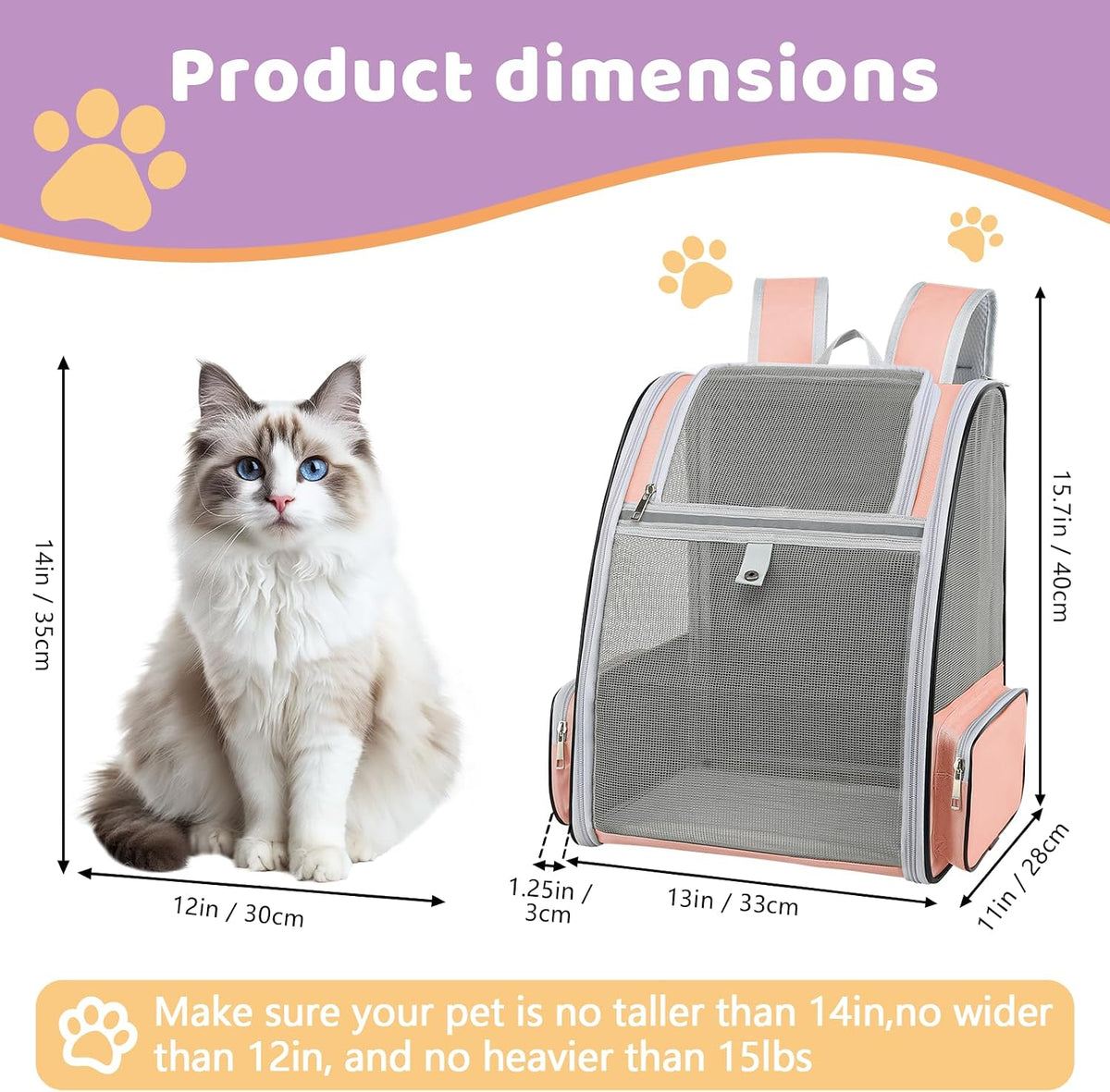 Cat Backpack Carrier Large Pet Backpack for Small Dog Medium Cat Puppy Kitten Bunny up to 15lbs, Ventilated Mesh Dog Collapsible Travel Backpack for Hiking Walking Outdoor