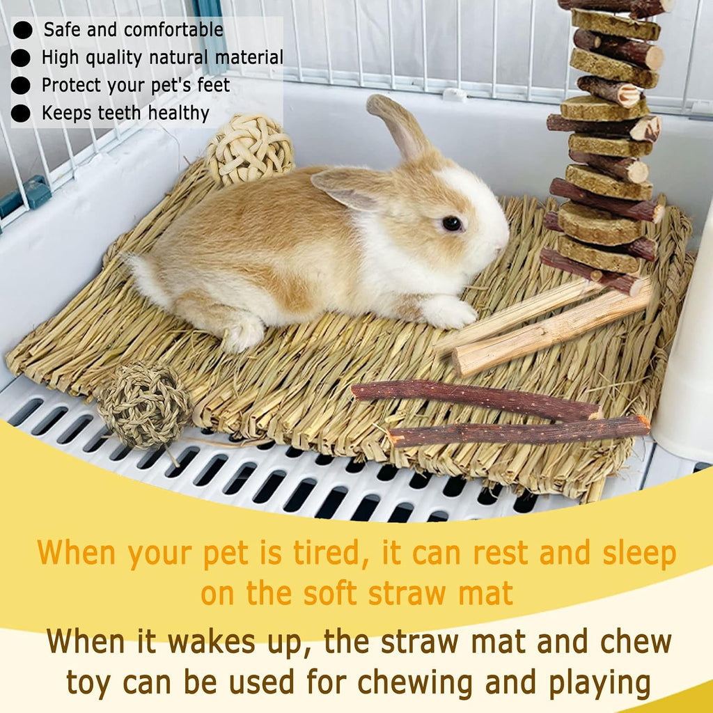 Bunny Grass Bed Mat 18Pcs Rabbit Chew Toys Set Hand-Made Woven Hay Mat