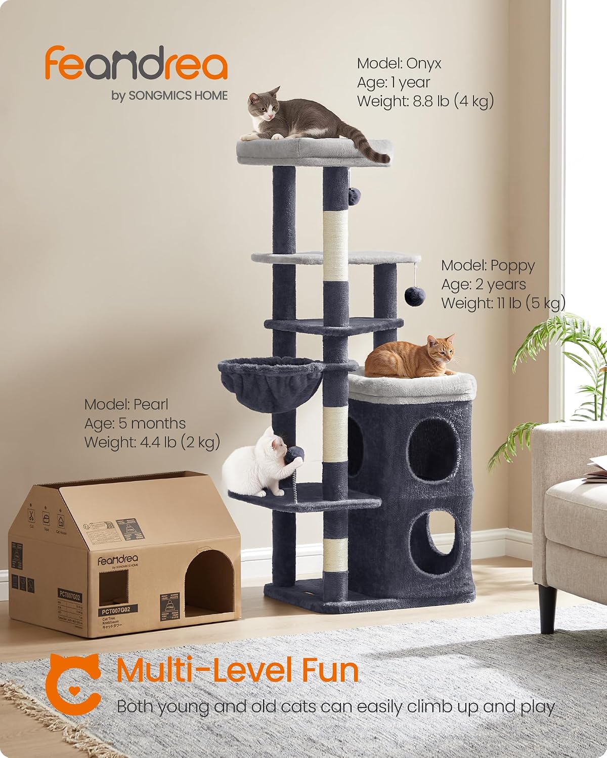 Feandrea Cat Tree Indoor, 60" Multiple-Level Plush Cat Tower, Dark Gray