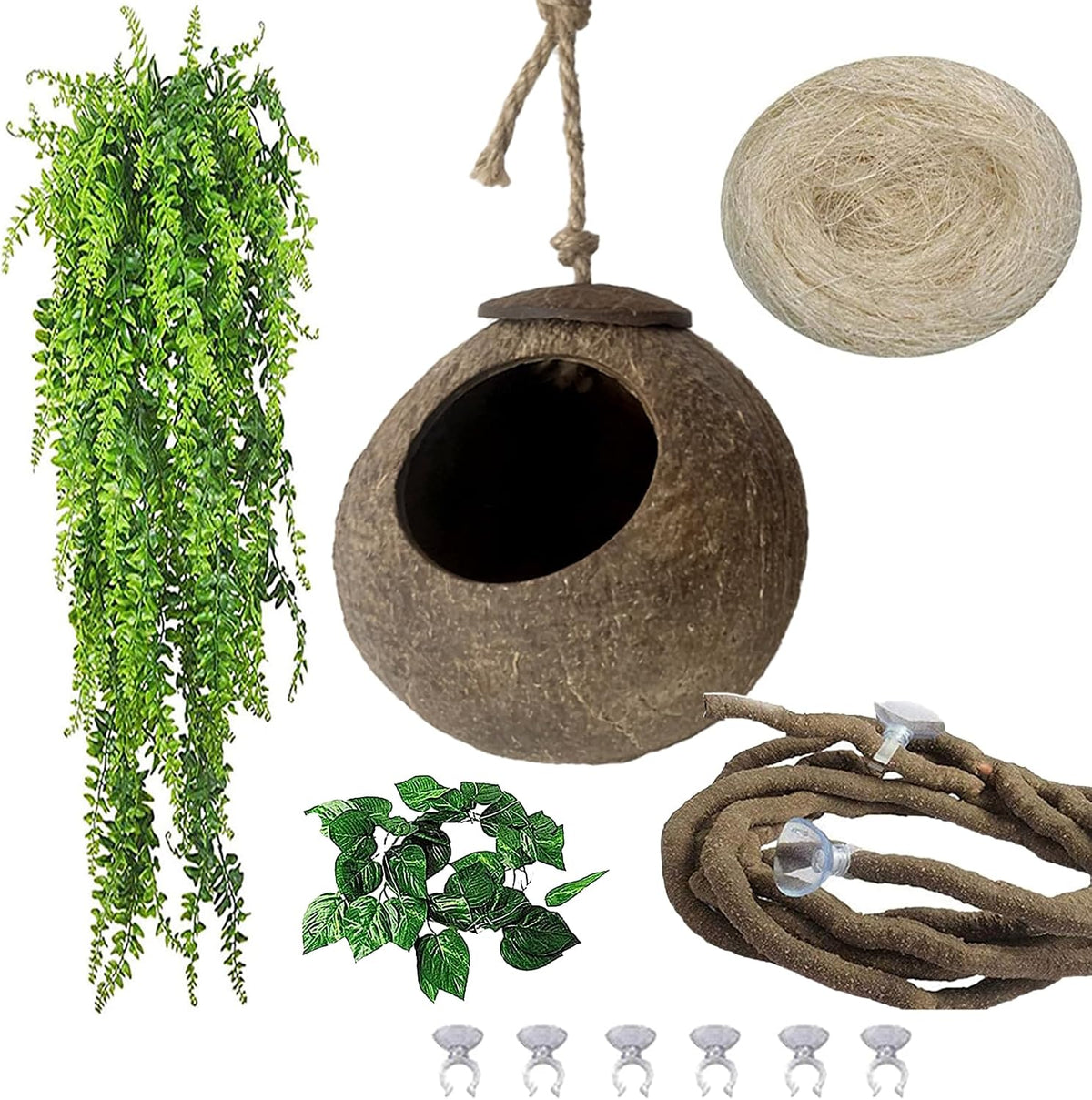 6PCS Crested Gecko Coconut Hut, Lizard Coco Den with Ladder and Reptile Hammock Bearded Dragon Tank Accessories Climbing Hanging Plants Jungle Vine Flexible Reptile Leaves Decor