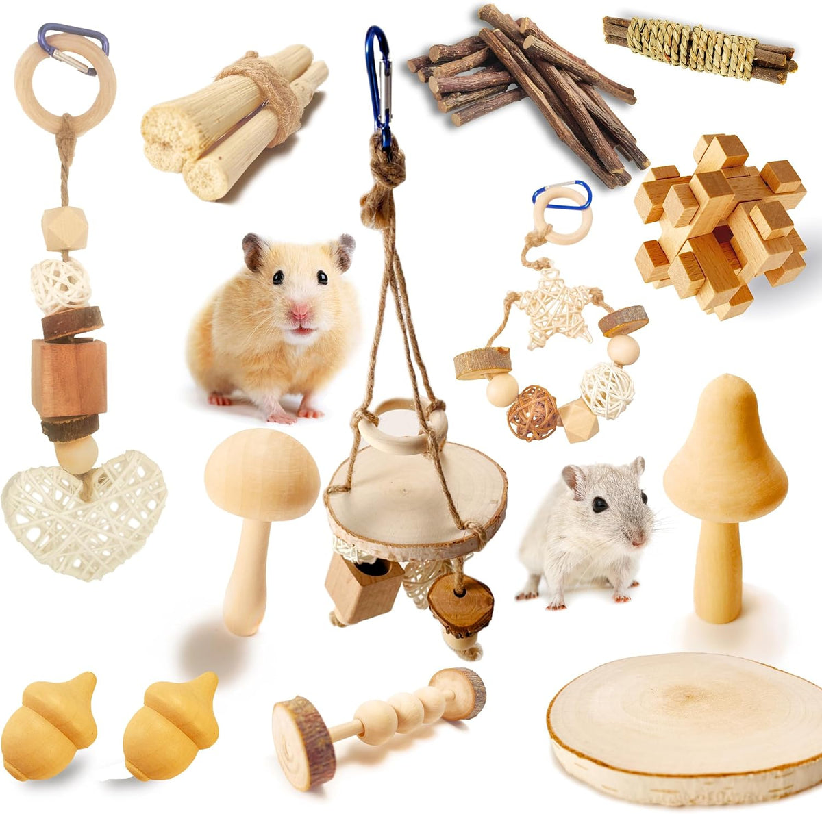 8 PCs Hamster Toys for Hamster, Gerbils, Mice, Rats and Other Small Animals to Chew and Play - Natural Molar Toys to Induce Teeth Grinding & Reduce Boredom and Depression