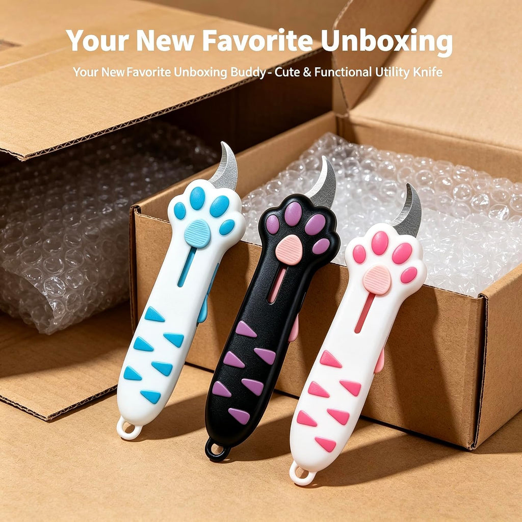 Cat Paw Box Cutter 3-Piece Set, Retractable Cat Claw Knife with Cute Paw Handle, Portable Utility Box Opener for Home Office Package Carton & Tape Cutting