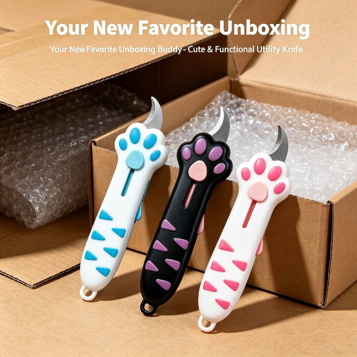 Cat Paw Box Cutter 3-Piece Set, Retractable Cat Claw Knife with Cute Paw Handle, Portable Utility Box Opener for Home Office Package Carton & Tape Cutting