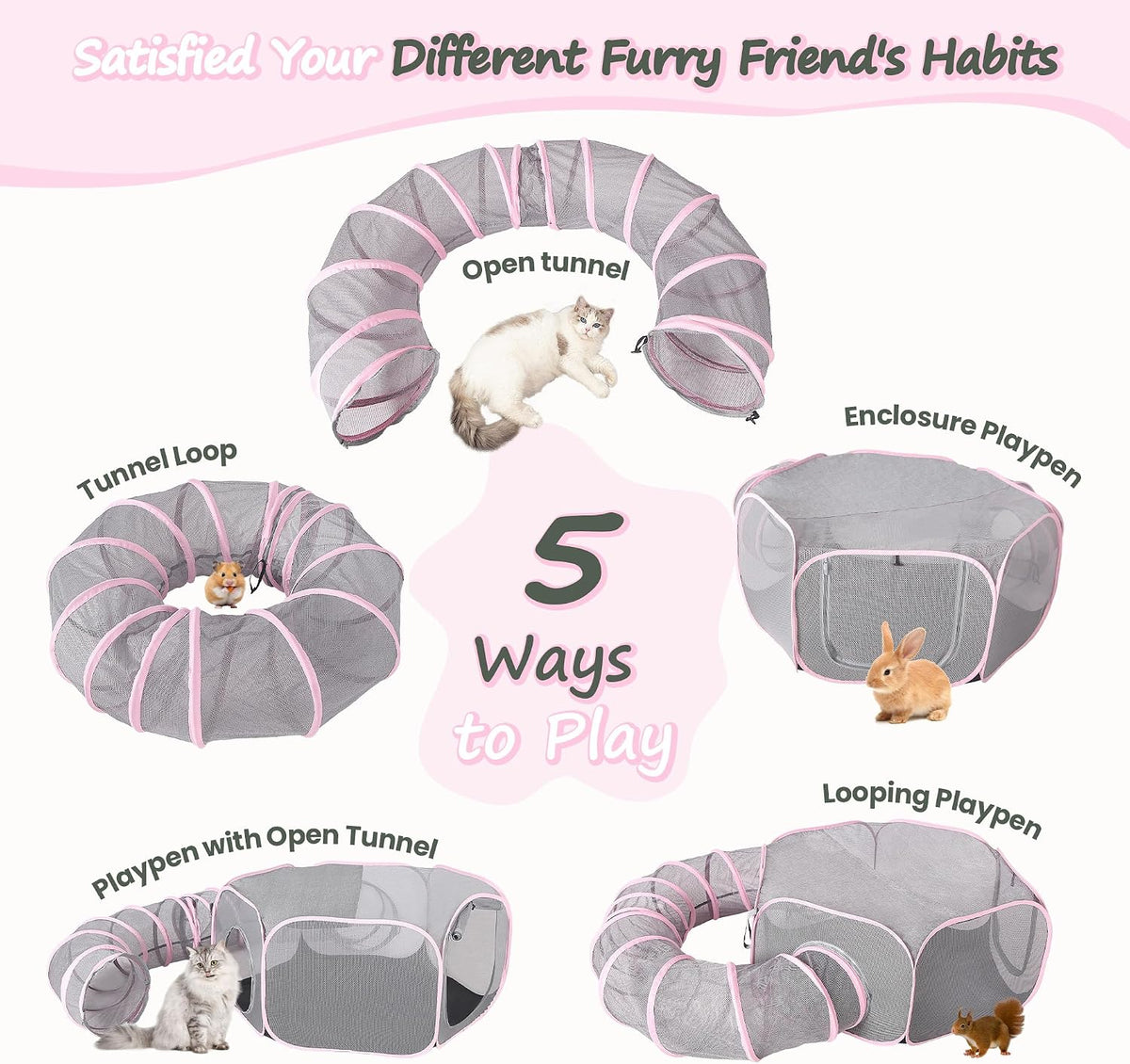 X-ZONE PET Portable Catio Playground, Outdoor Cat Enclosure, Enclosed Tent Playpen Tunnel for Indoor Cats & Small Animals, with Bag Storage 45 Inch Pink