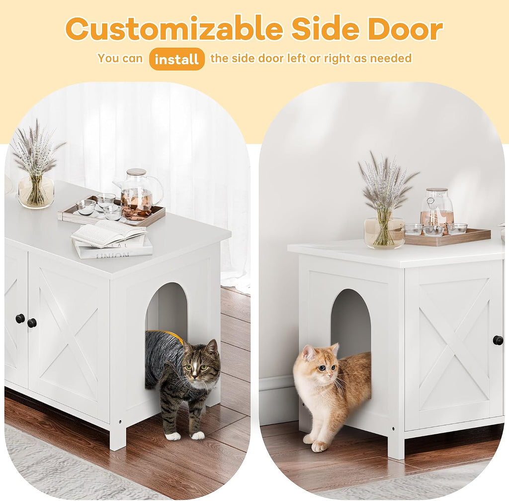 Shintenchi 31.5 inch Cat Litter Box Enclosure, Litter Box Furniture Cabinet Hidden with Removable Divider, Wooden Cat House with End Table, White