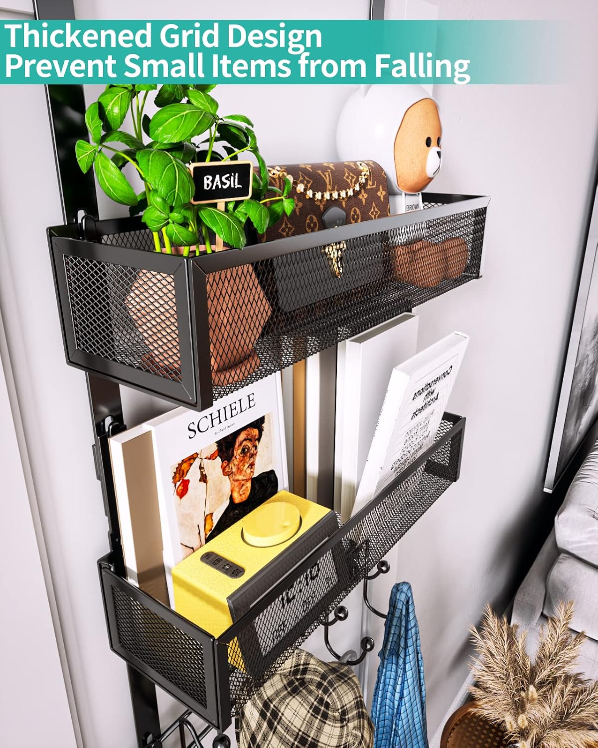 HapiRm Over the Door Hanger with Coat Hooks and 2 Baskets, Rustproof & Waterproof Over the Door Hooks, Storage Organizer for Hats, Bathroom, Kitchen, Bedroom, RV, Camper-Black (for 1.76in Doors)