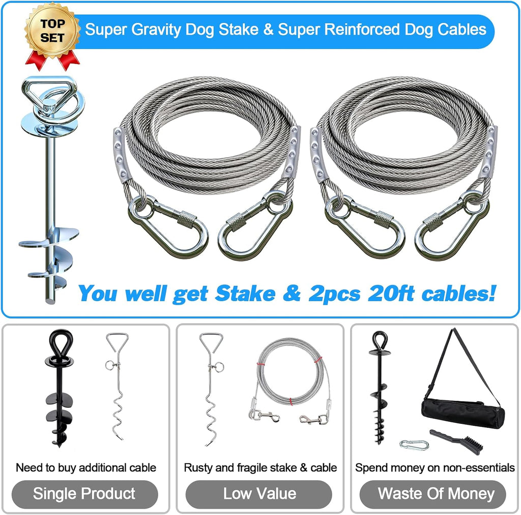 Dog Tie Out Cable and Stake for Camping,with 2x20FT Heavy Duty Cables(up to 200lbs),360°Swivel Dog Run Anchor- No Tangle,Dog Runner for Yard -Ideal for Outdoor Camping