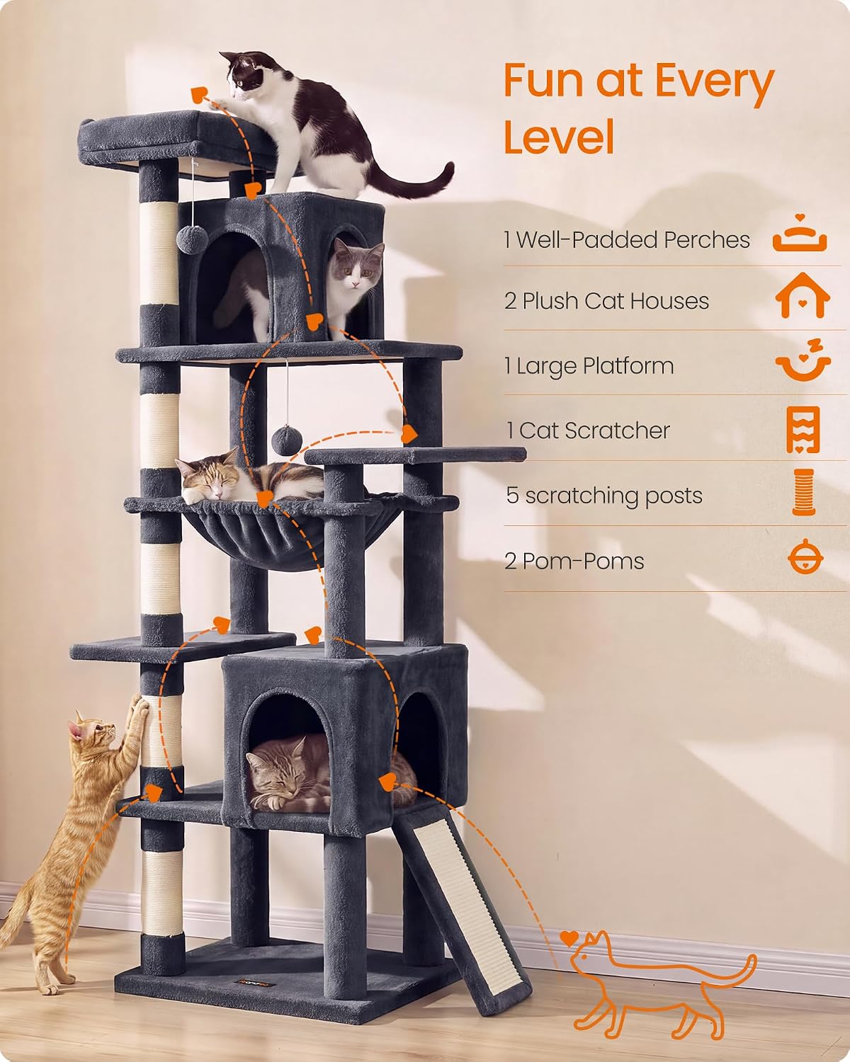 Feandrea Cat Tree, 70.3" Heavy Duty Cat Tower Condo for Indoors, Dark Gray
