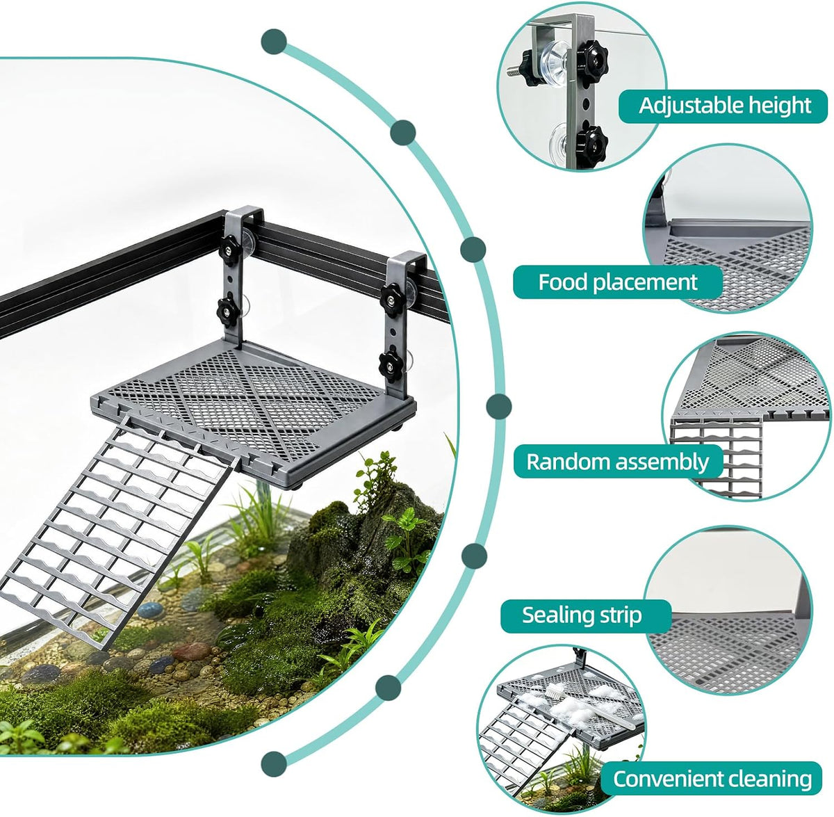 Turtle Basking Platform, Hanging Turtle Dock with Built-In Food Tray, Non-slip Ramp for 25–75 Gallon Aquarium, Aquatic Turtle Tank Accessories
