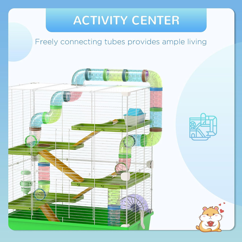 PawHut Extra Large 23" Hamster Cage with Tubes and Tunnels, Portable Carry Handles, Rat House and Habitats Big 5-Tier Design, Mouse Cage Includes Exercise Wheel, Water Bottle, Food Dish, Green