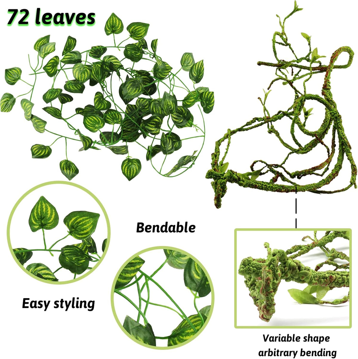 Reptile Plants, Terrarium Hanging Plant Vines Artificial Leaves Reptile Hide, Leopard Gecko Tank Accessories, Terrarium Decorations for Bearded Dragon Lizard Snake Geckos Chameleon