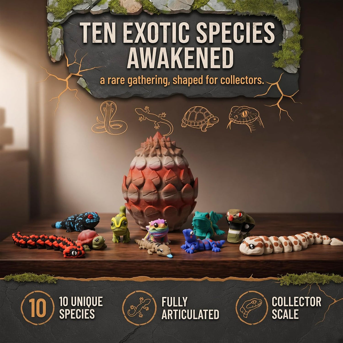 Reptile Collection with Rustic Stone Egg Hatchery - 10 Articulated 3D Printed Mini Lizards, Snake & Turtles, Miniature Shelf Display for Reptile Enthusiasts, 3D Printed Lizard and Snake Set