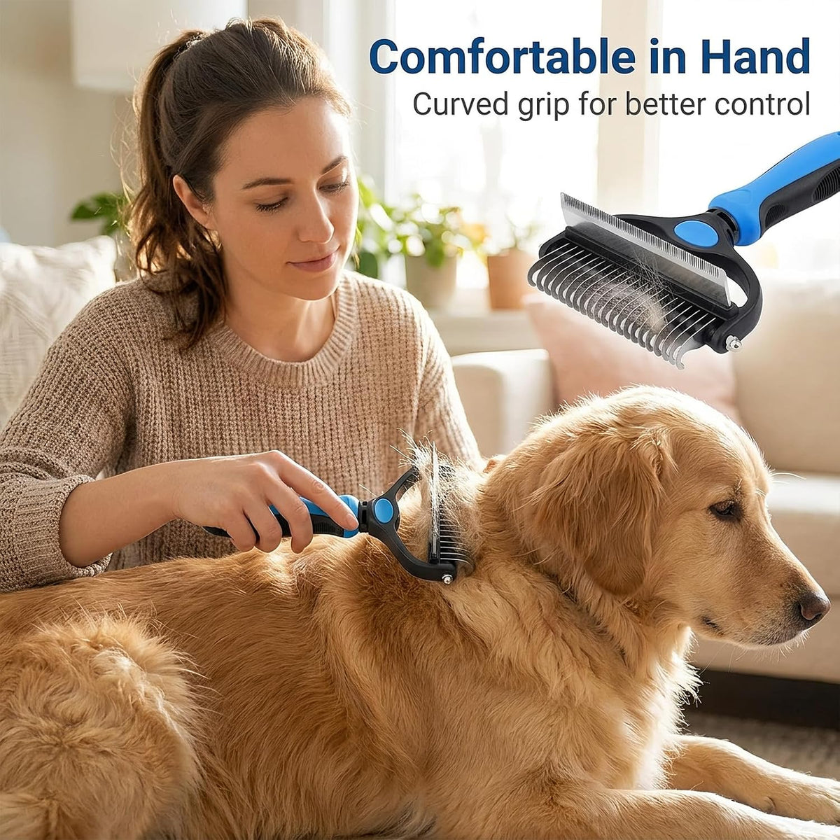 Double-Sided Dematting Rake for Dogs and Cats, Stainless Steel Undercoat Deshedding Comb for Medium and Long Hair