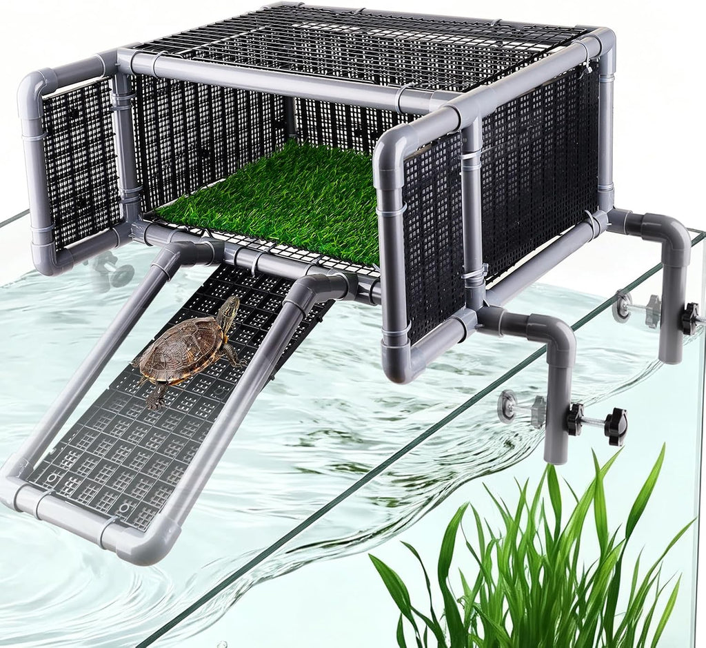 Escape-Proof Turtle Basking Dock Above Tank, Enclosed Ramp Grass Aquarium Tank Accessory