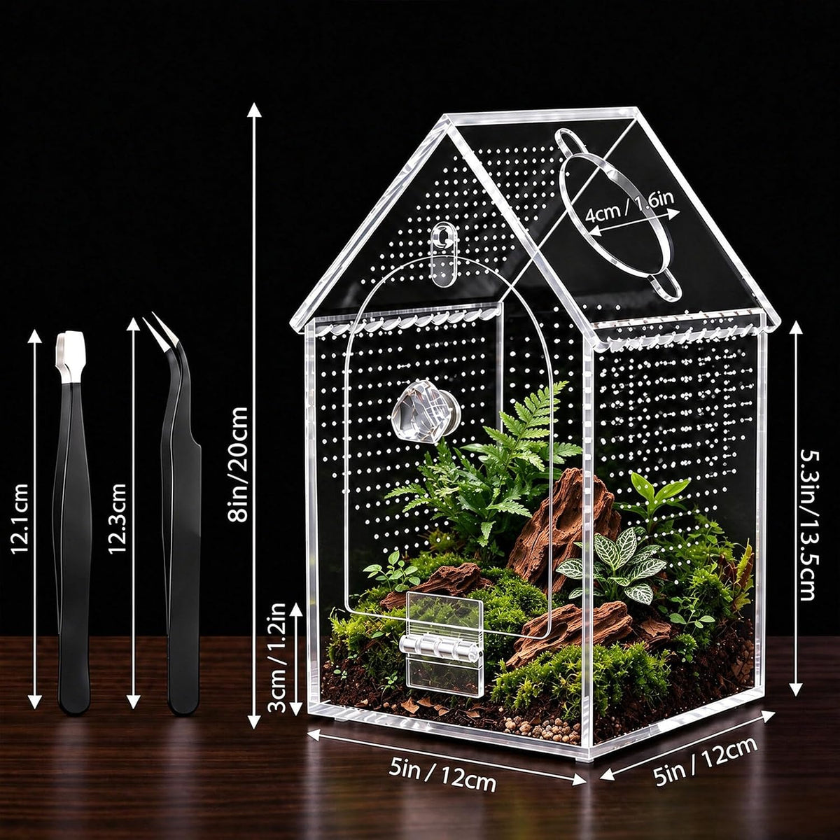 Jumping Spider Enclosure, Clear Acrylic Arboreal Terrarium with Front Opening Door, Escape-Resistant Ventilation, Starter Habitat Kit with Accessories for Sling, Baby Spiders and Praying Mantis