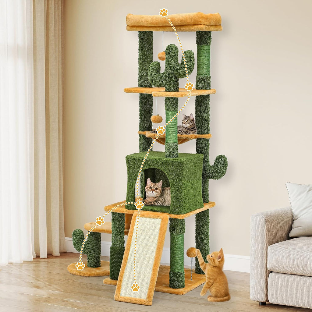 DWVO Cactus Cat Tree for Large Cats: 60" Tall with Self-Grooming Brush