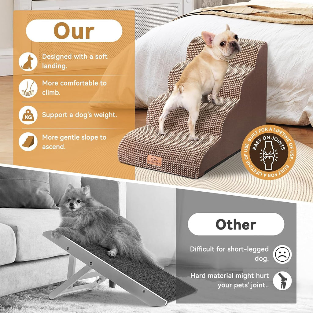 Zerbuger Dog Ramp and Stairs for Bed, Coffee 4 Steps 20" H, Nonslip Cover