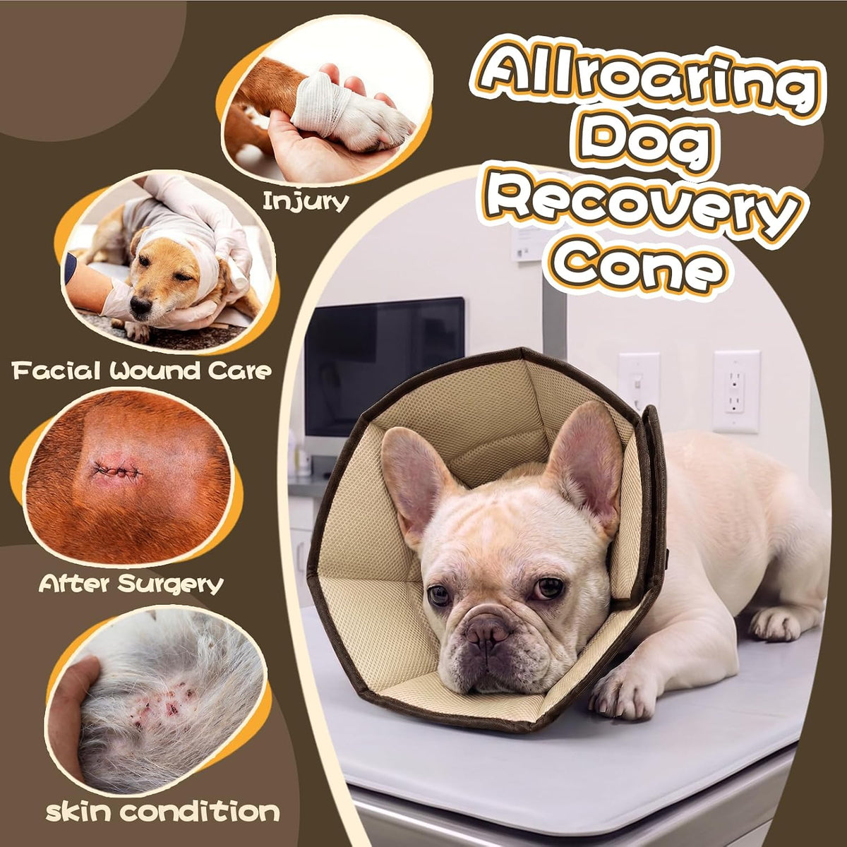 Allroaring Breathable Medium Dog Cone, Comfy Cone After Surgery Brown M