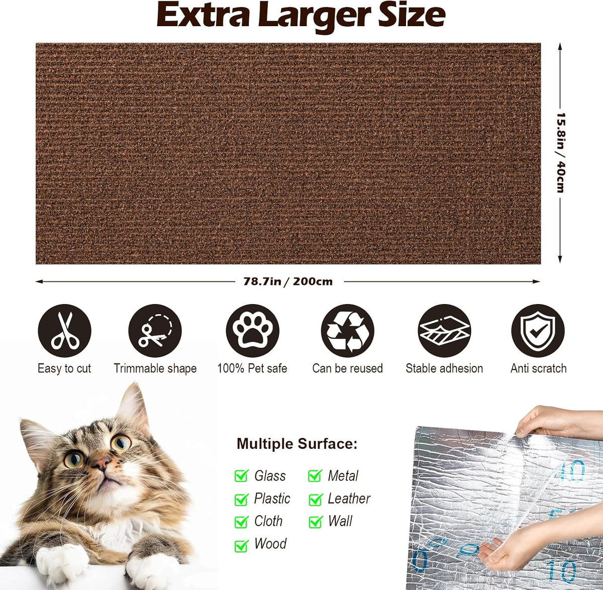 Cat Scratch Furniture Protector, 78.7"x15.8" Cat Scratch Pad for Couch