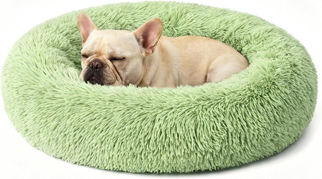 Calming Donut Dog Bed for Small Dogs, Anti-Anxiety Round Washable Plush Fluffy Faux Fur Large Cat Bed, 24 inches Fits up to 25 lbs Pets, Anti-Slip Waterproof Mute Base Gray