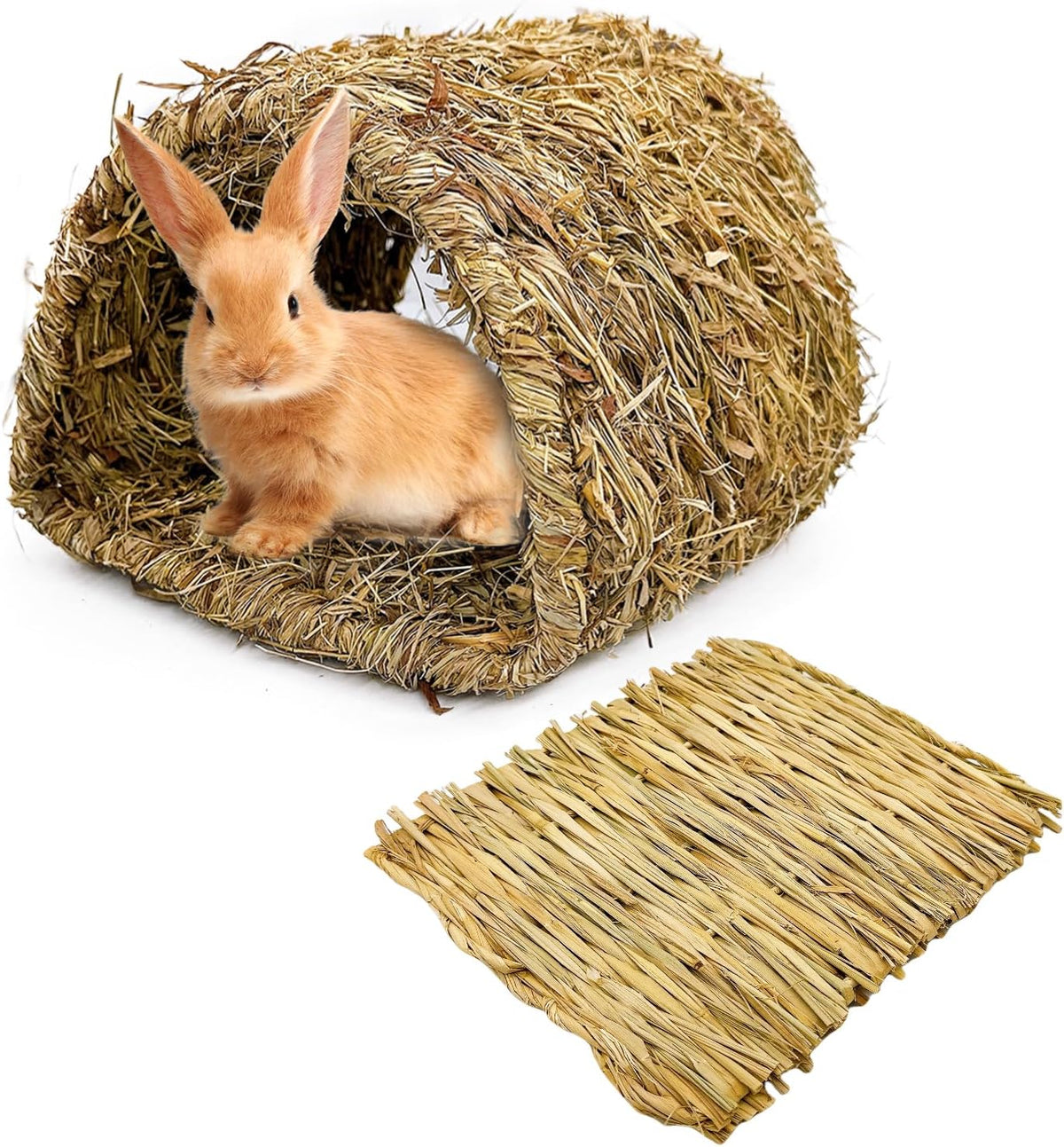 Hamiledyi Rabbit Grass Tunnel,Rabbit Grass Bed Natural Straw Woven Mat Winter Warm Hideaway Hut for Bunny Gerbil Ferrets Chinchilla Guinea Pig