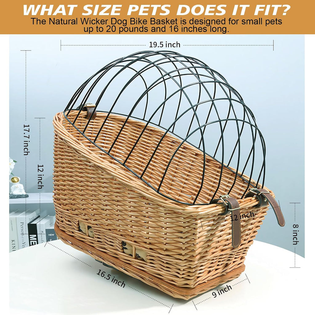 Rear Bike Basket for Dogs, Wicker Pet Bicycle Carrier for Small Dog Cat with Protective Grille Liner Eco Friendly Natural Rattan Doggy Back Luggage Rack Seat (Brown Style1)