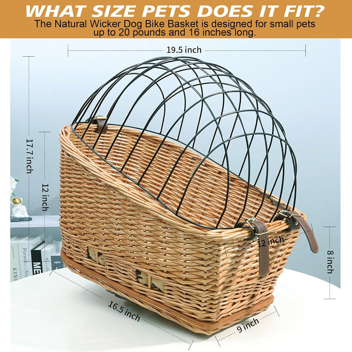 Rear Bike Basket for Dogs, Wicker Pet Bicycle Carrier for Small Dog Cat with Protective Grille Liner Eco Friendly Natural Rattan Doggy Back Luggage Rack Seat (Brown Style1)