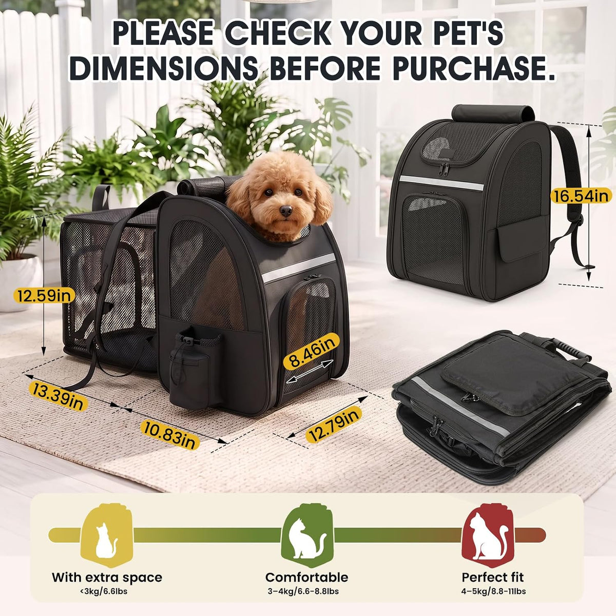 Cat Carrier Backpack Expandable Pet Carrier with Breathable Window (Black)