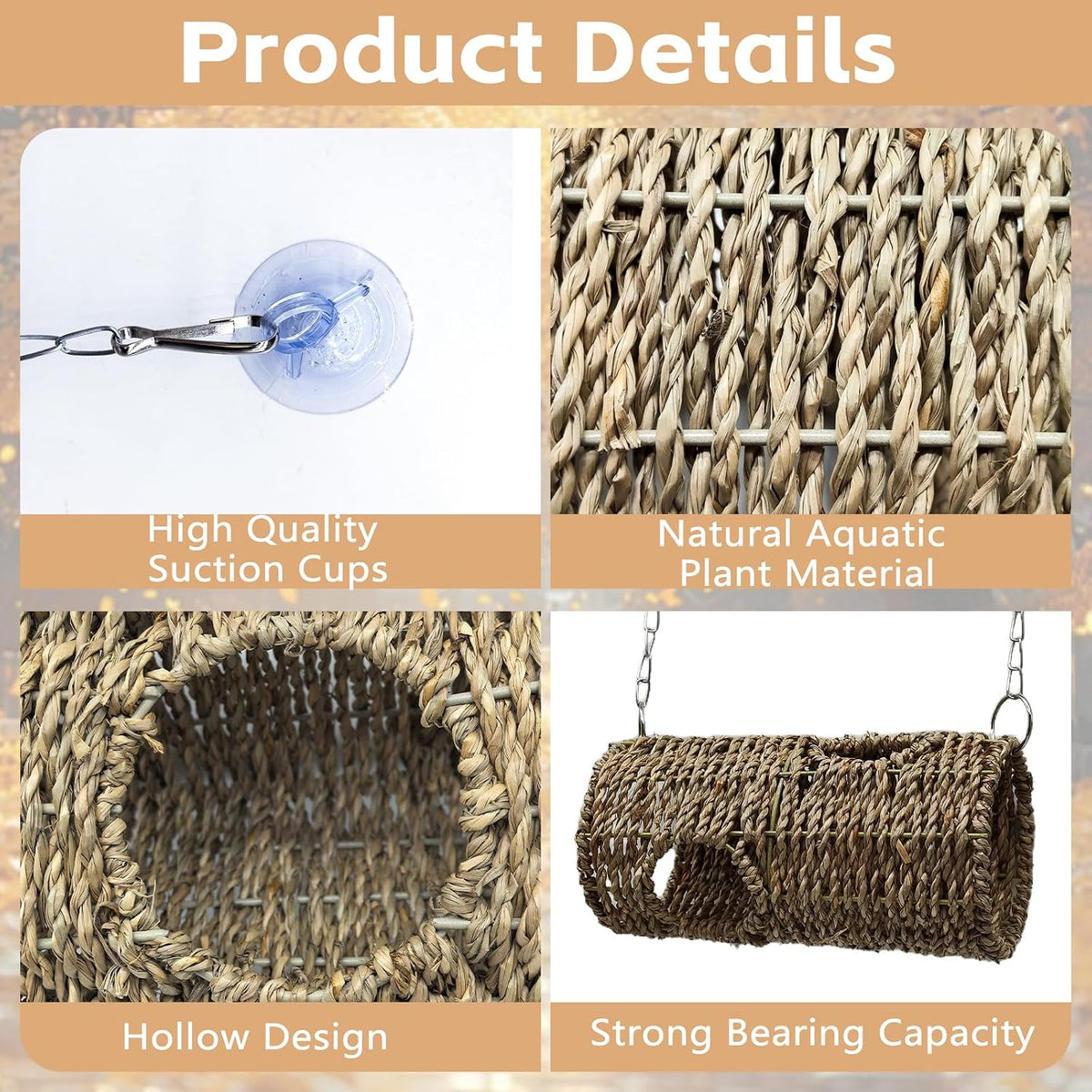Reptile Hide Cave,Natural Seagrass Bearded Dragon Hammock Hideout,Round