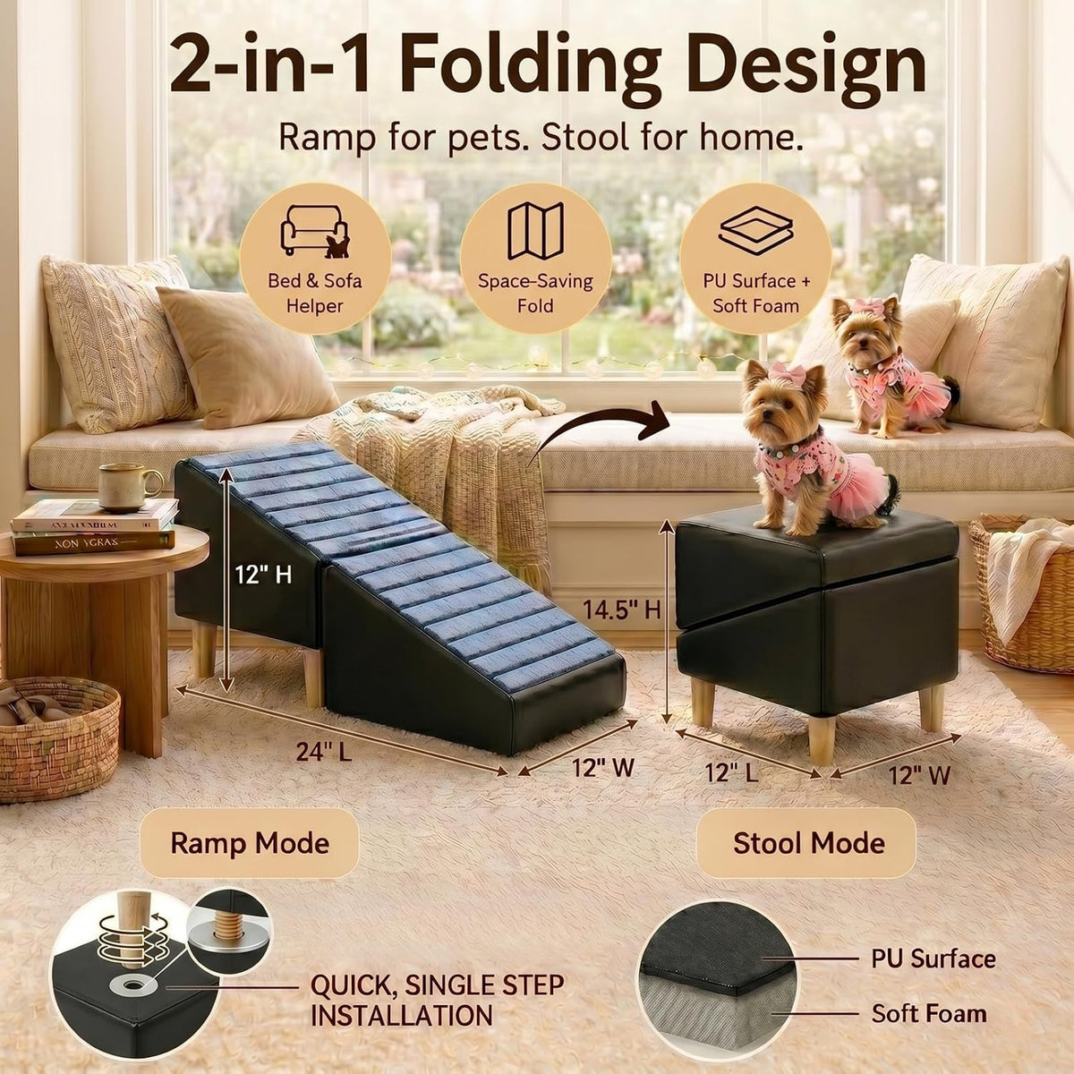 Compact Dog Stairs for Small Dogs, Foldable Pet Ramp for Couch Bed