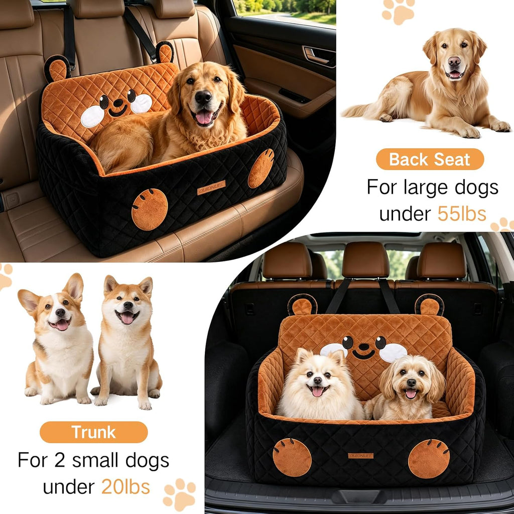 Large Dog Car Seat for Dogs up to 55 lbs or 2 Small Dogs, High-Density Foam Pet Travel Bed with Ultra-Soft Plush, Detachable Washable Cover, 2 Safety Leashes, Storage Pockets, Back Seat Use
