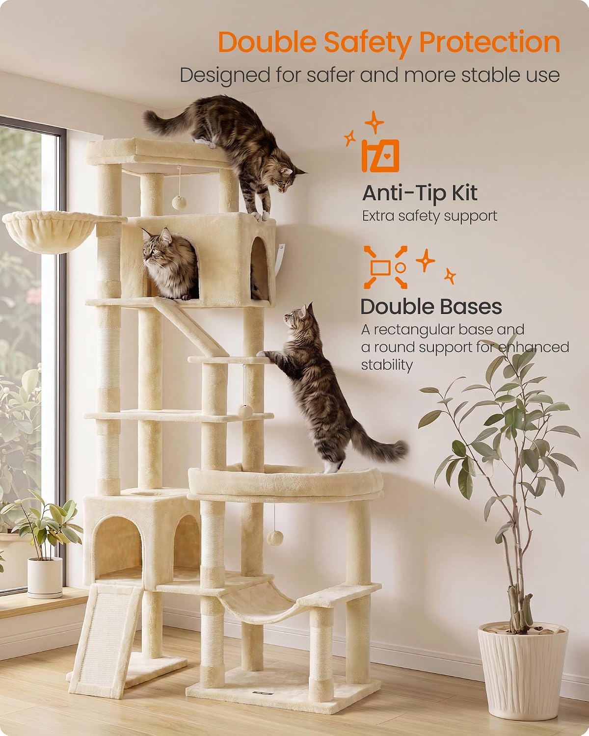 Feandrea Cat Tree, 79.5" Heavy Duty Cat Tower Condo for Indoors, Beige