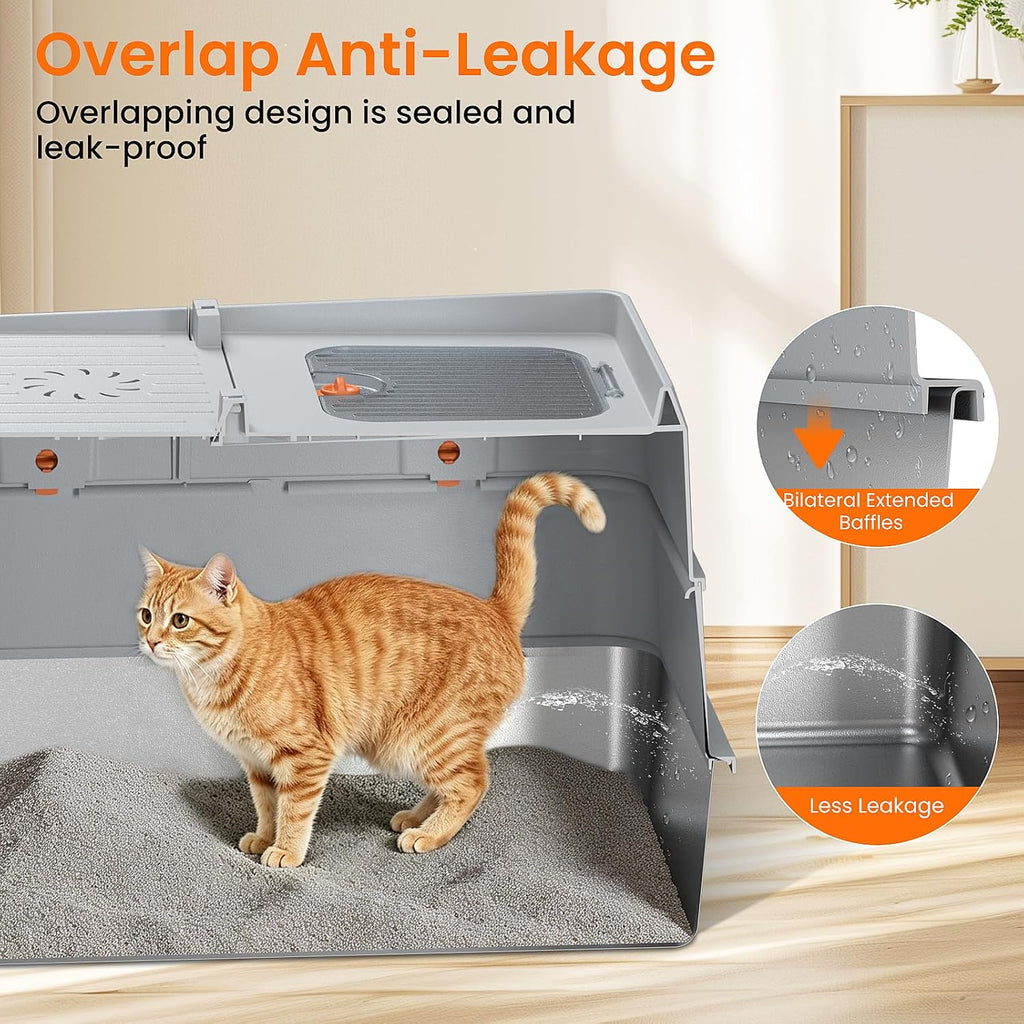 XXL Stainless Steel Litter Box with Lid, Enclosed Metal Cat Litter Box, High Sides Anti‑Splash Cat Toilet, Easy Clean Rustproof Stainless Steel Litter Pan for Large Cats Multiple Cats