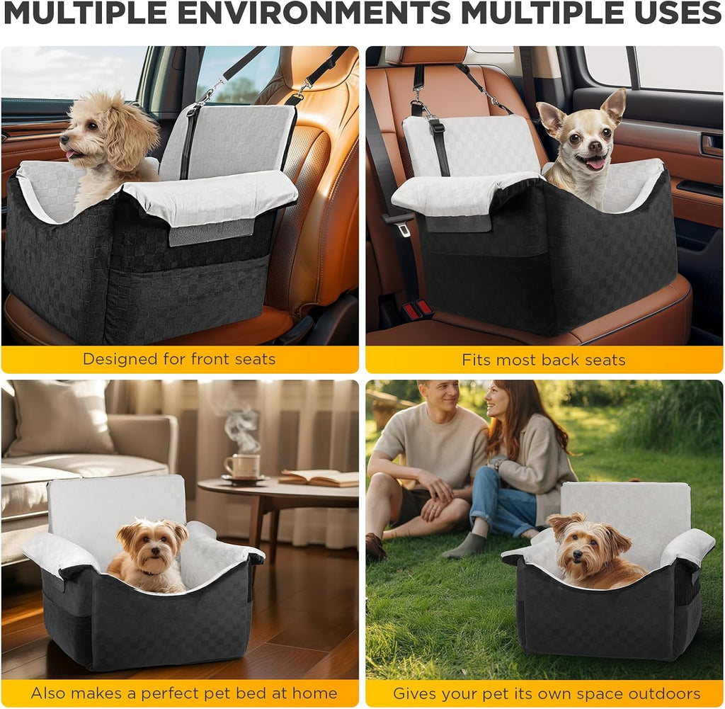 Elevated Dog Car Seat for Small Medium Dogs Under 30 lbs, Memory Foam Elevated Booster Seat with Headrests Support, Travel-Safe Car Bed with Detachable Washable Cover & Safety Belt