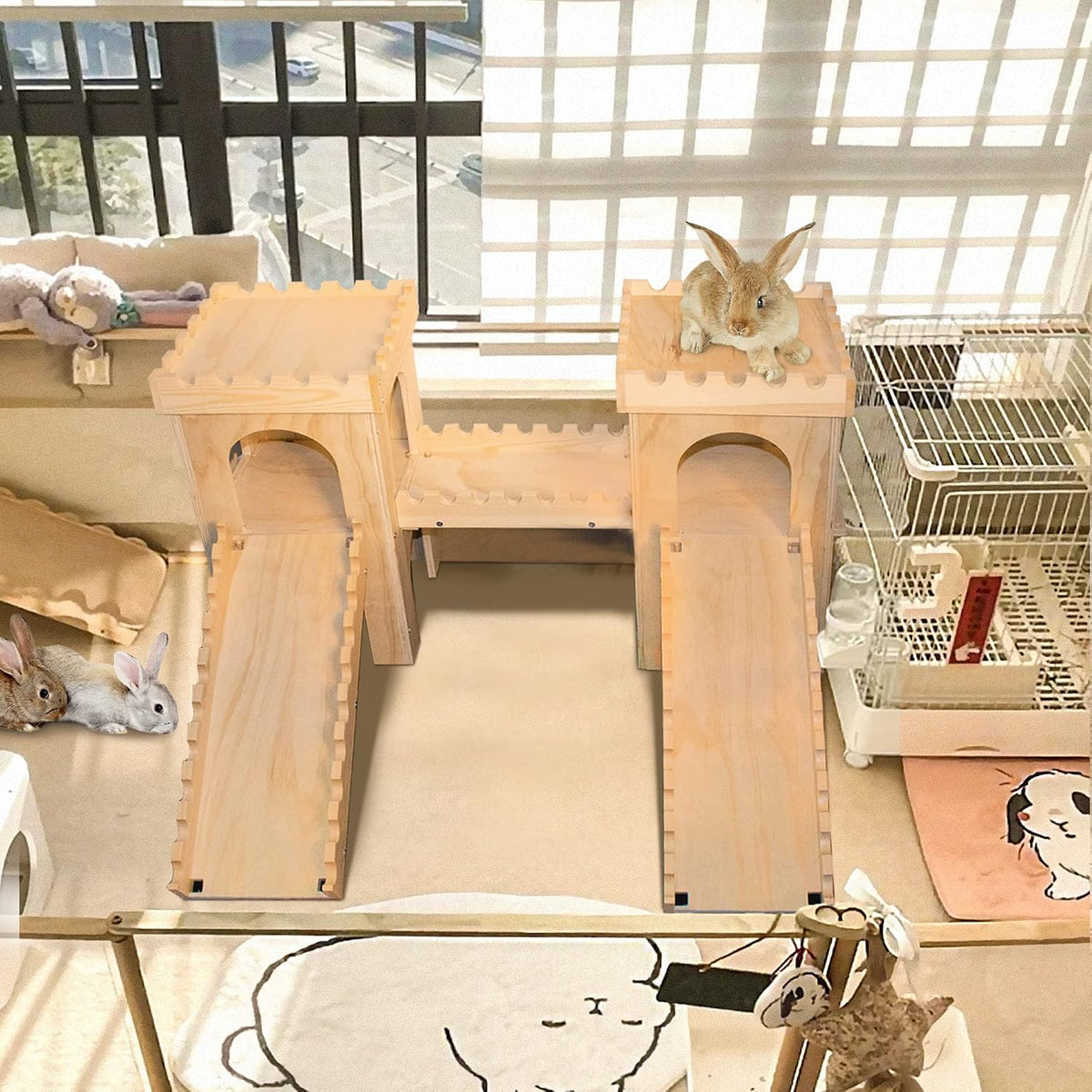 Extra Large Wooden Rabbit Castle Hideaway Tunnel and Bed Small Animal Hideaway Hut Solid Safe Construction Play Hideaway Hut for Rabbit Guinea Pig Chinchilla